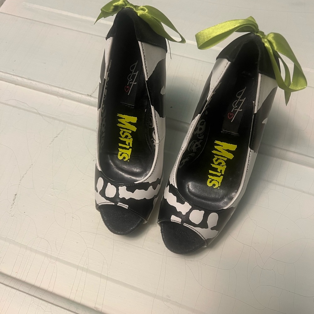 Iron Fist Misfits Black and White Heels with Green Bows